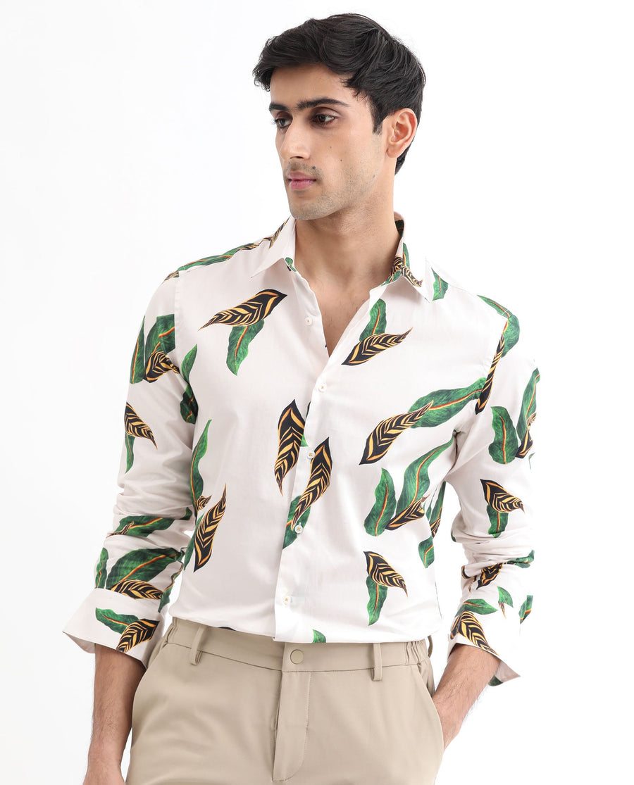 Rare Rabbit Men's Lafey Off White Cotton Tropical Print Regular Fit Full Sleeve Collared Shirt