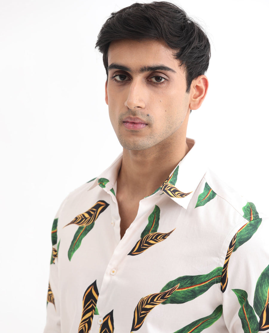 Rare Rabbit Men's Lafey Off White Cotton Tropical Print Regular Fit Full Sleeve Collared Shirt