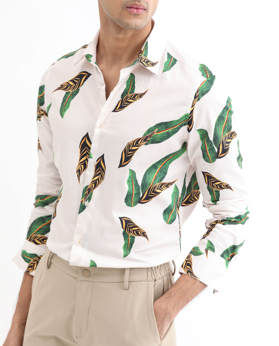 Rare Rabbit Men's Lafey Off White Cotton Tropical Print Regular Fit Full Sleeve Collared Shirt
