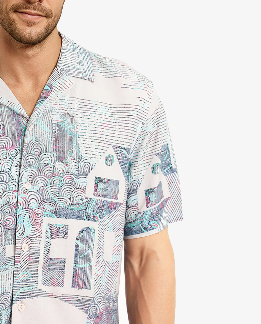Rare Rabbit Men's Lanco Pastel Pink Viscose Decorative Print Boxy Fit Half Sleeve Cuban Collar Shirt