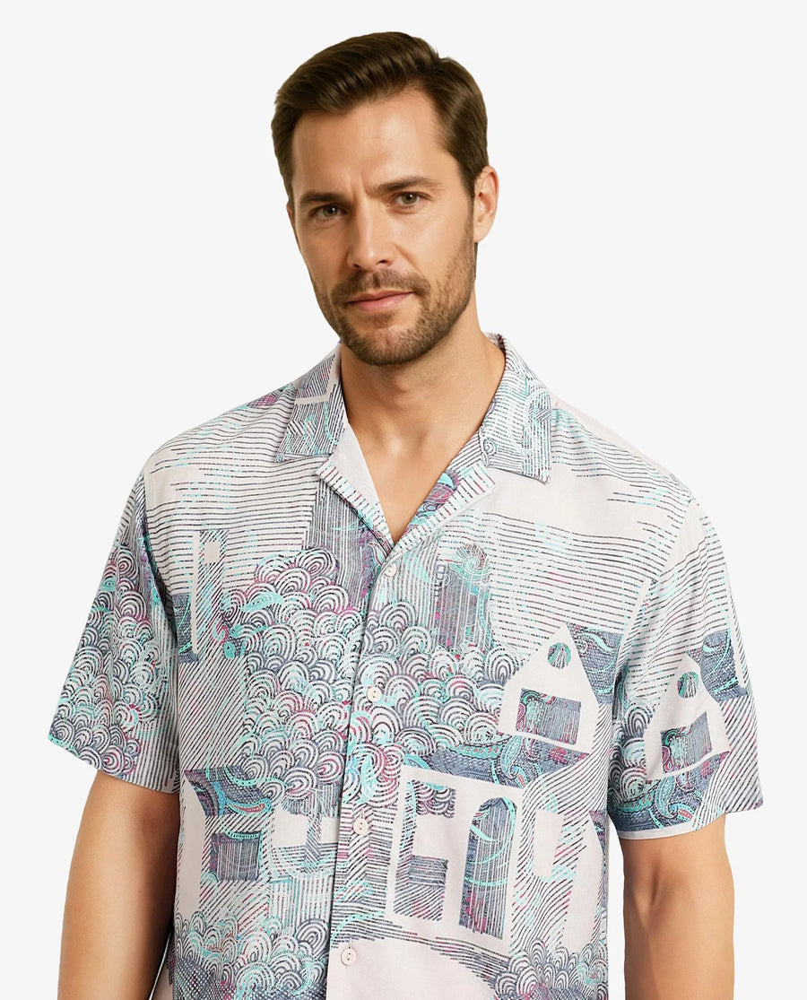 Rare Rabbit Men's Lanco Pastel Pink Viscose Decorative Print Boxy Fit Half Sleeve Cuban Collar Shirt
