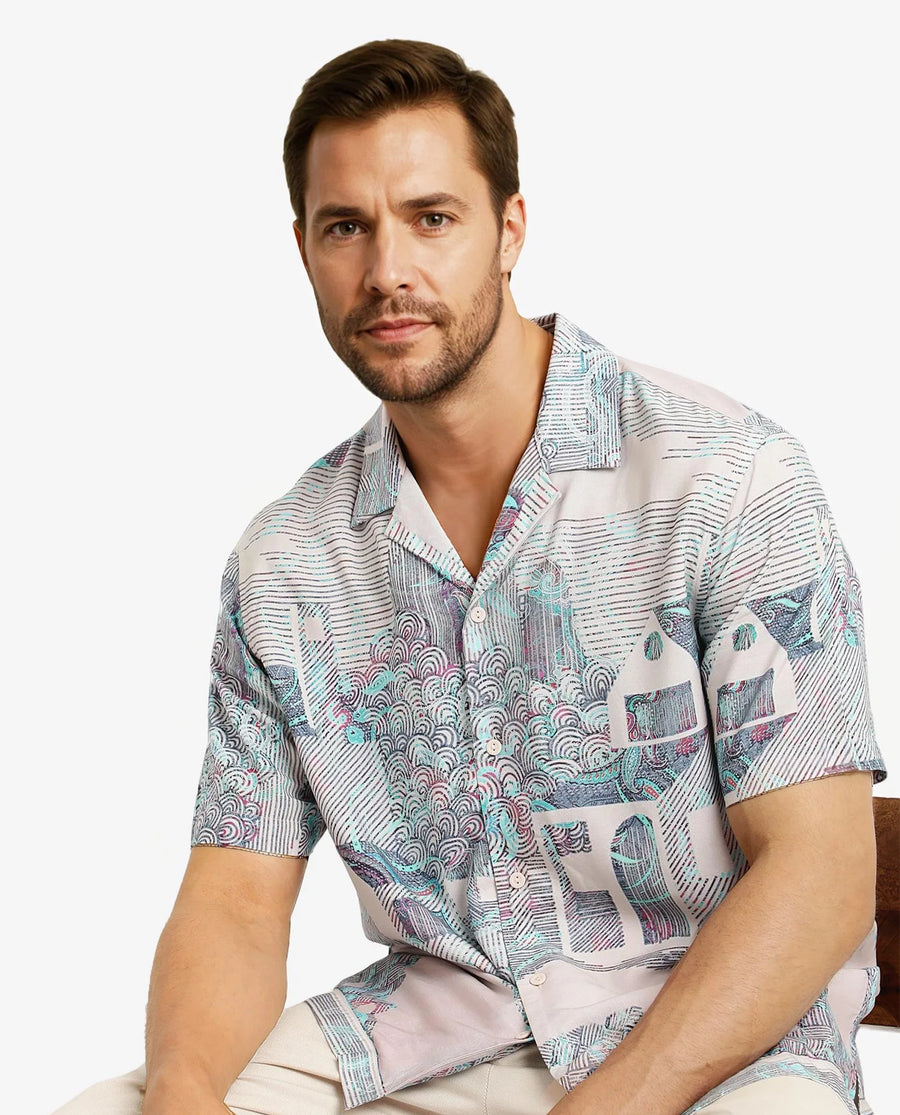 Rare Rabbit Men's Lanco Pastel Pink Viscose Decorative Print Boxy Fit Half Sleeve Cuban Collar Shirt