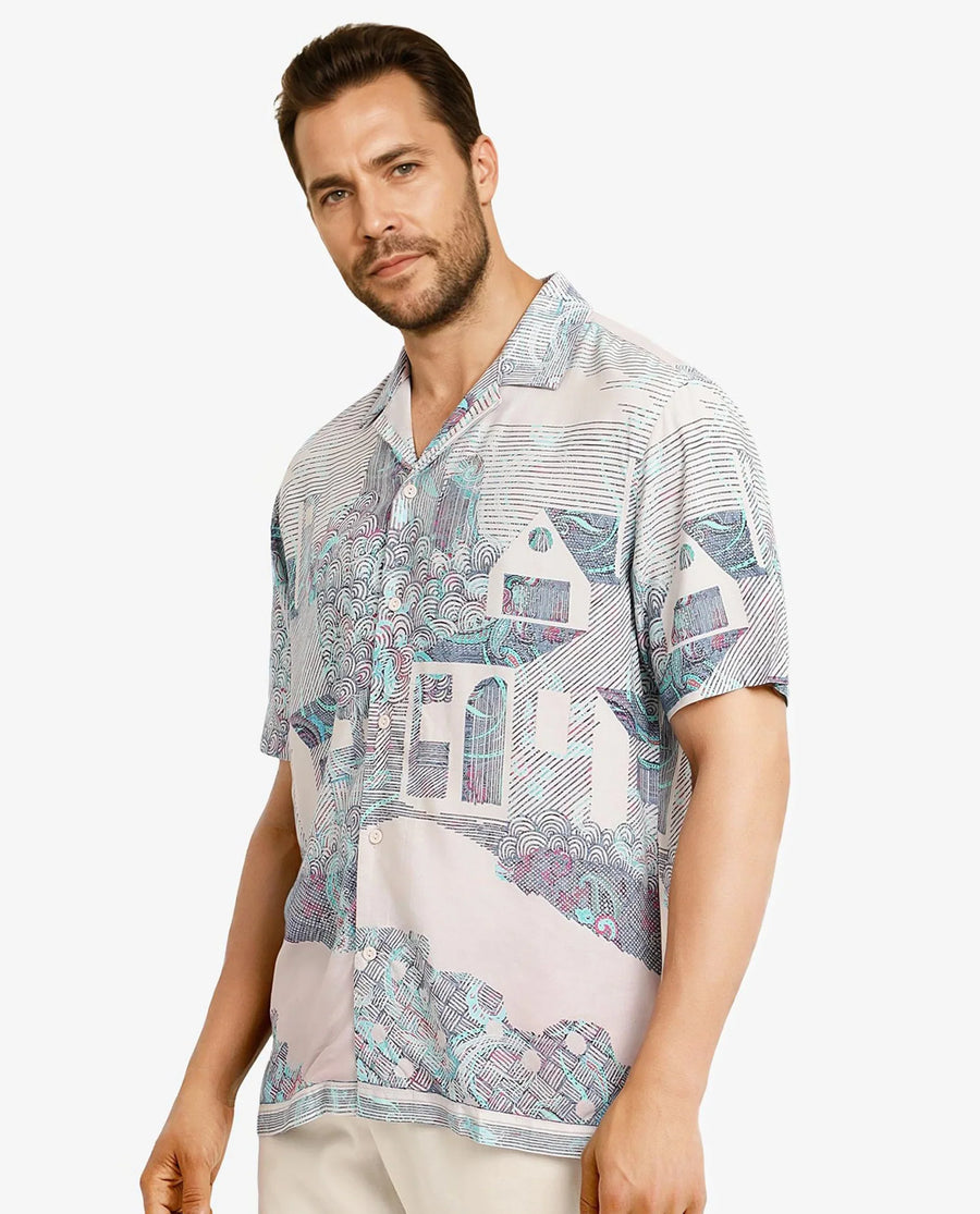 Rare Rabbit Men's Lanco Pastel Pink Viscose Decorative Print Boxy Fit Half Sleeve Cuban Collar Shirt