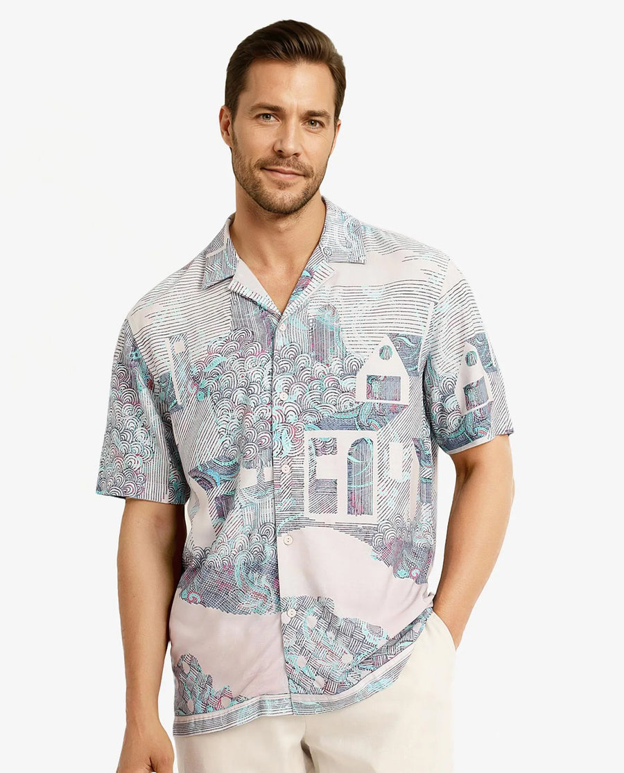 Rare Rabbit Men's Lanco Pastel Pink Viscose Decorative Print Boxy Fit Half Sleeve Cuban Collar Shirt