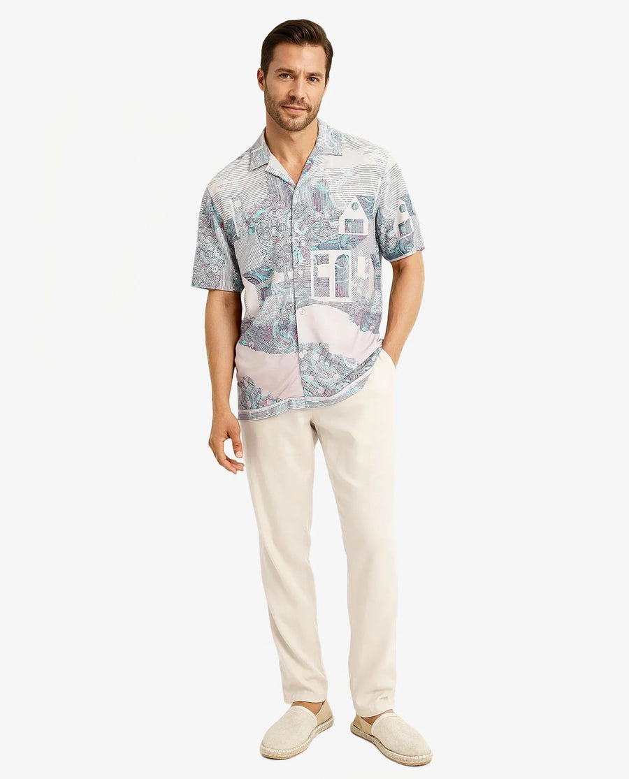 Rare Rabbit Men's Lanco Pastel Pink Viscose Decorative Print Boxy Fit Half Sleeve Cuban Collar Shirt