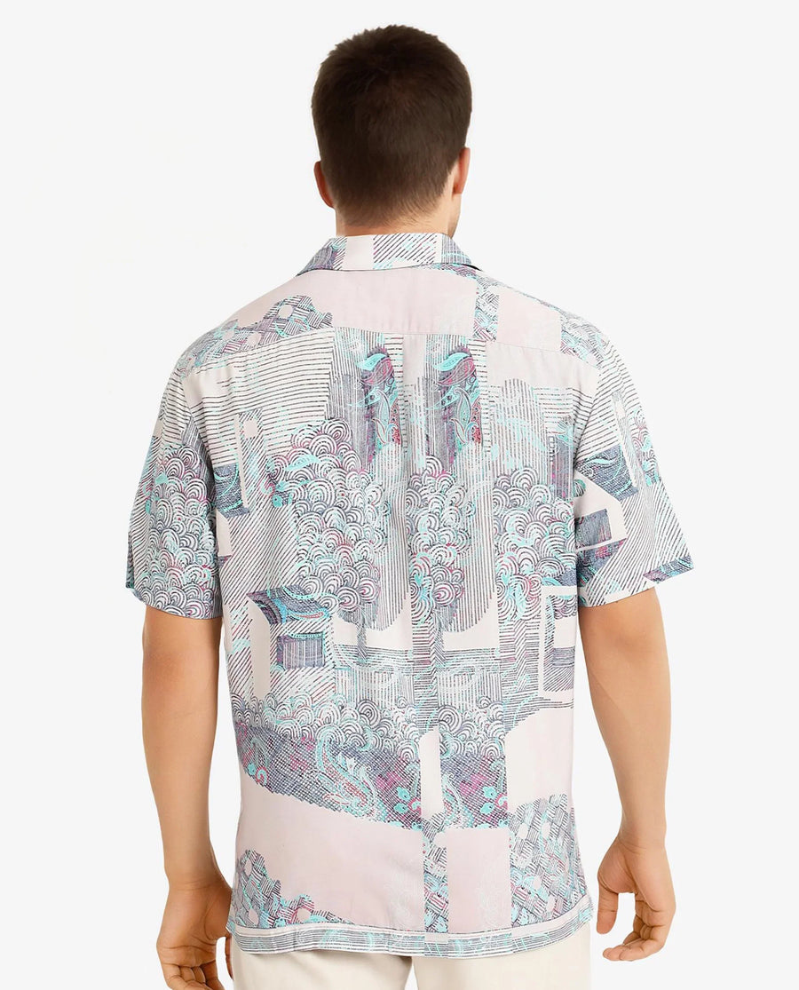 Rare Rabbit Men's Lanco Pastel Pink Viscose Decorative Print Boxy Fit Half Sleeve Cuban Collar Shirt