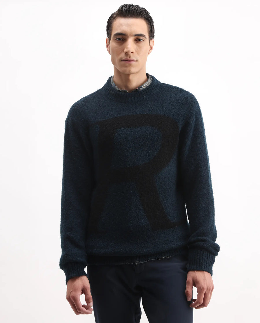 Rare Rabbit Men's Lang Teal Nylon Printed Regular Fit Full Sleeve Crew Neck Sweater