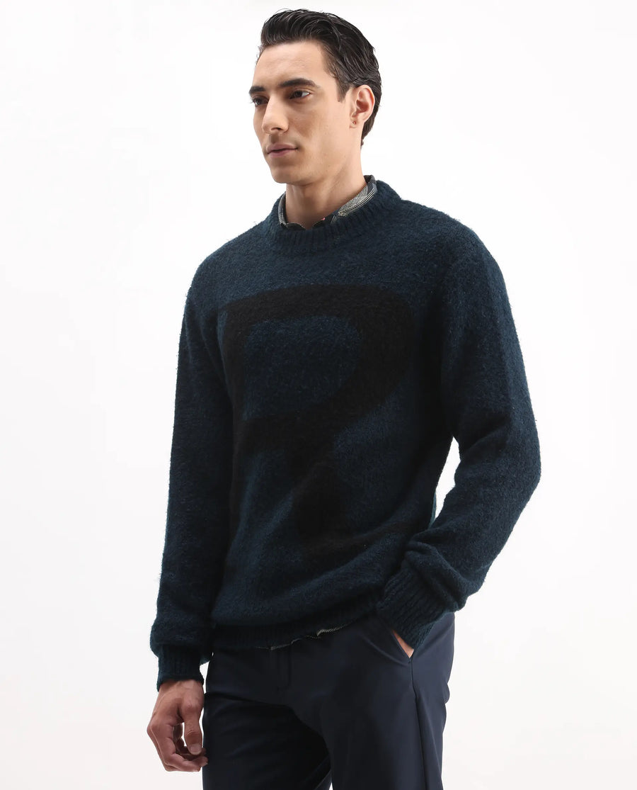 Rare Rabbit Men's Lang Teal Nylon Printed Regular Fit Full Sleeve Crew Neck Sweater