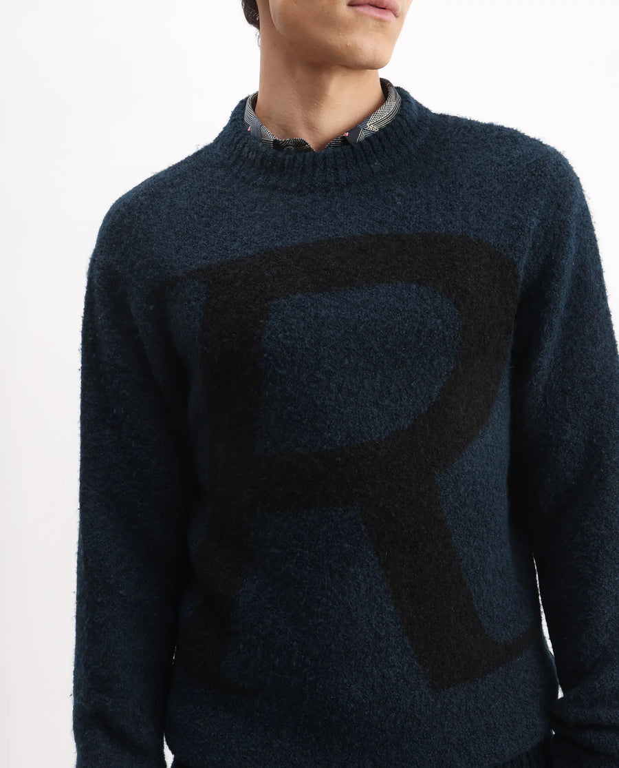 Rare Rabbit Men's Lang Teal Nylon Printed Regular Fit Full Sleeve Crew Neck Sweater