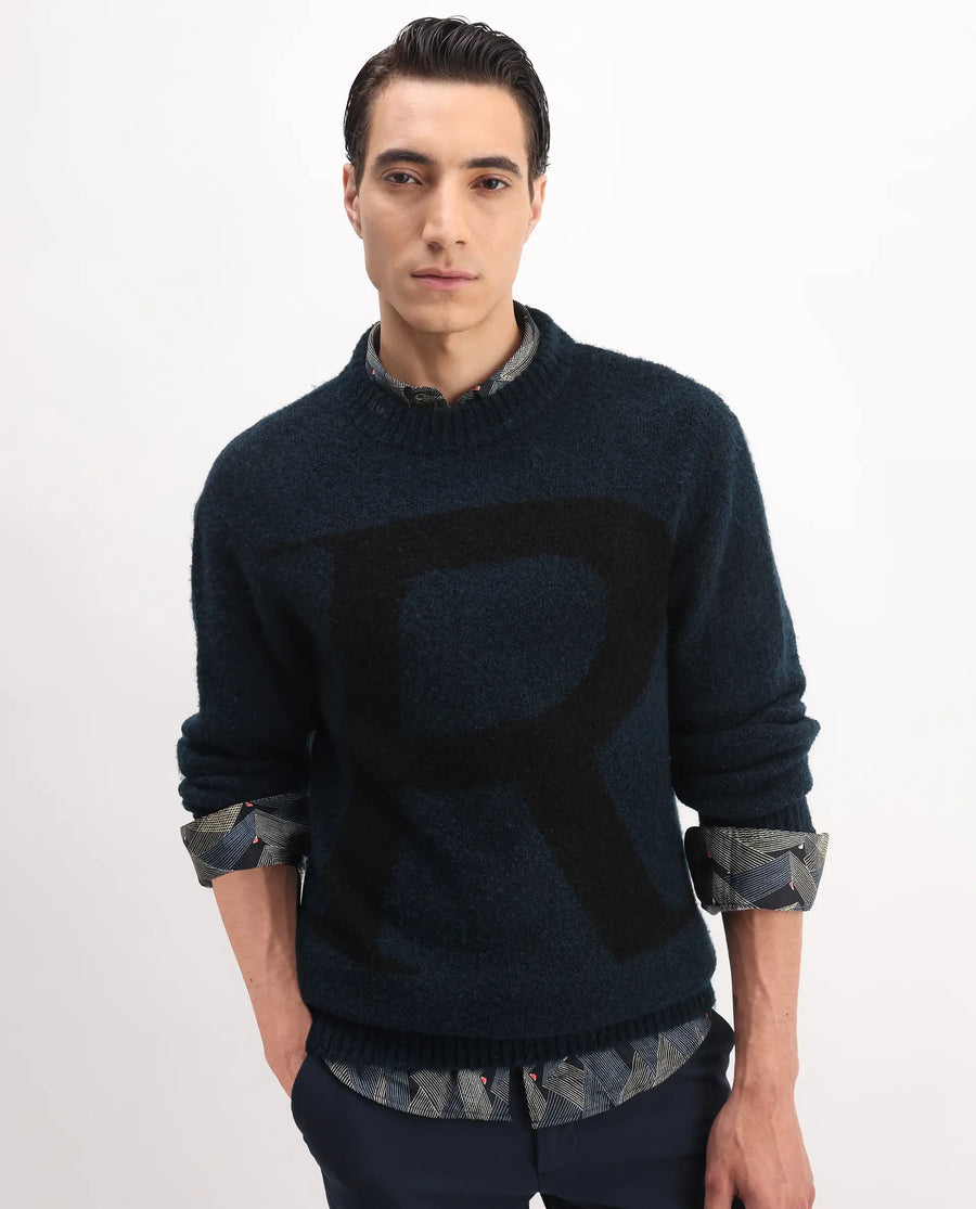 Rare Rabbit Men's Lang Teal Nylon Printed Regular Fit Full Sleeve Crew Neck Sweater