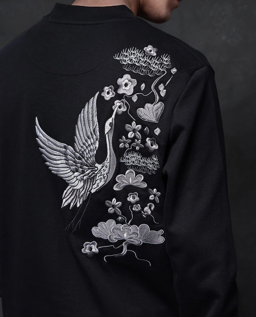Rare Rabbit Men's Lars Black Cotton Embroidered Regular Fit Full Sleeve Crew Neck Sweatshirt