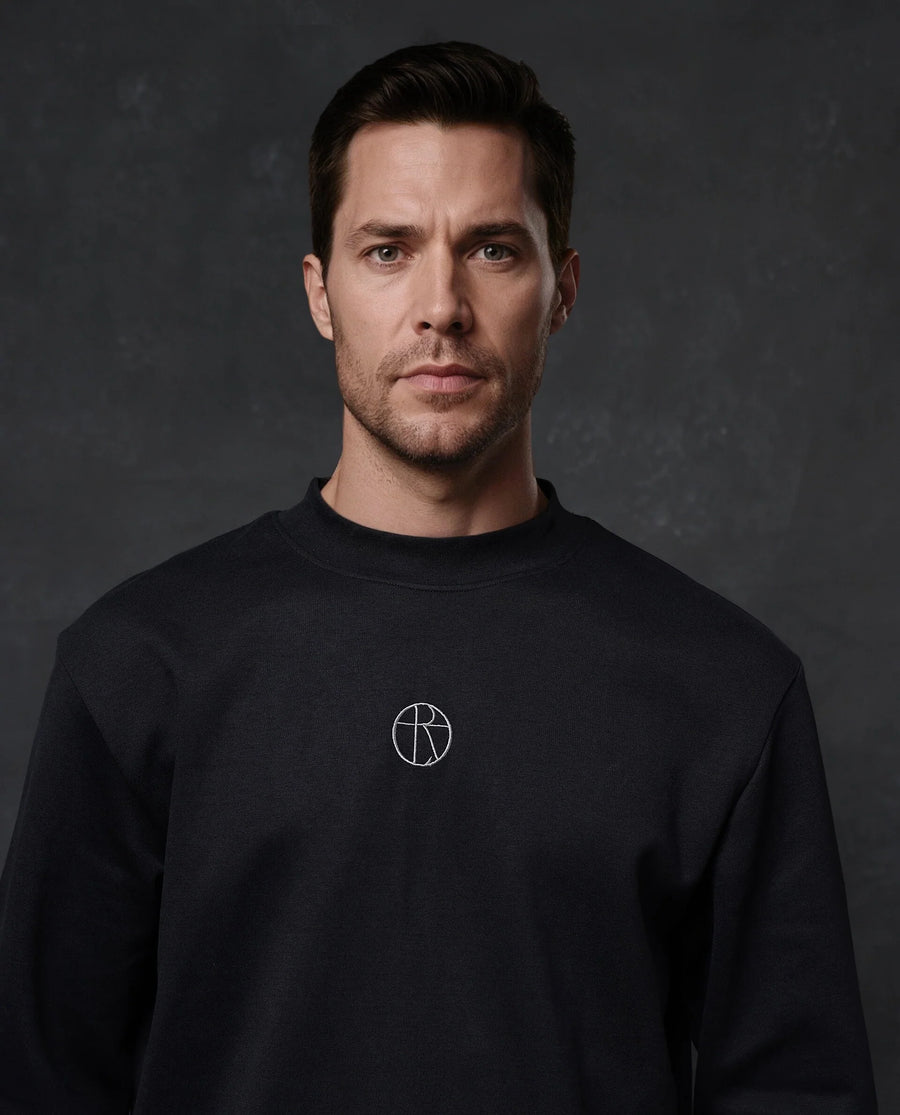 Rare Rabbit Men's Lars Black Cotton Embroidered Regular Fit Full Sleeve Crew Neck Sweatshirt