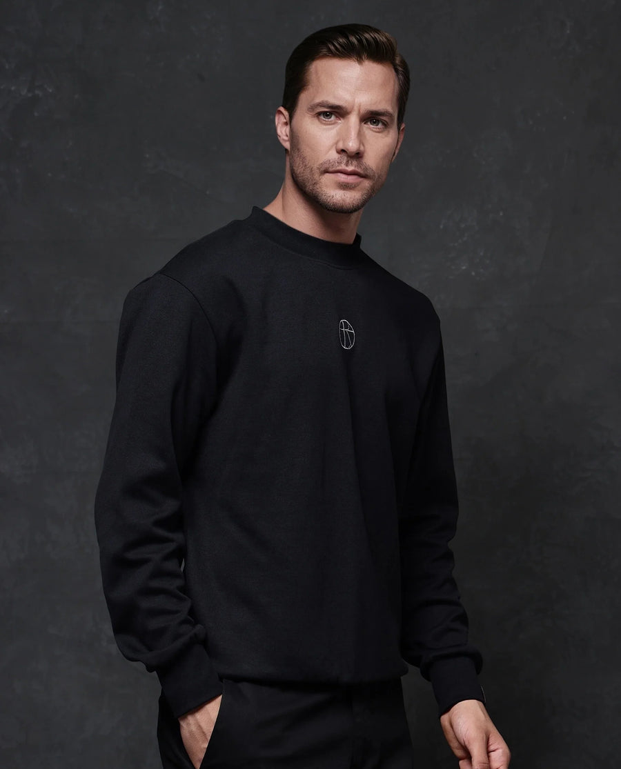 Rare Rabbit Men's Lars Black Cotton Embroidered Regular Fit Full Sleeve Crew Neck Sweatshirt