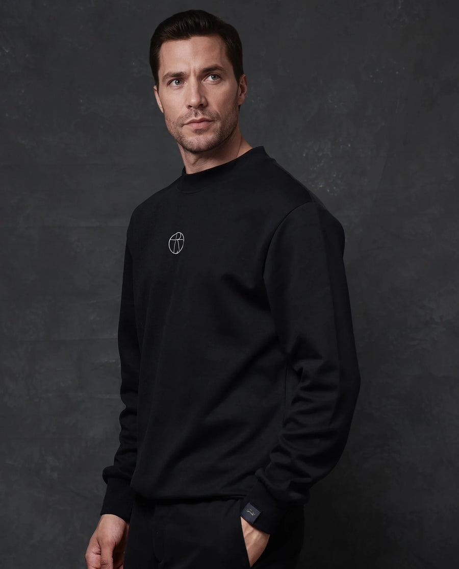 Rare Rabbit Men's Lars Black Cotton Embroidered Regular Fit Full Sleeve Crew Neck Sweatshirt