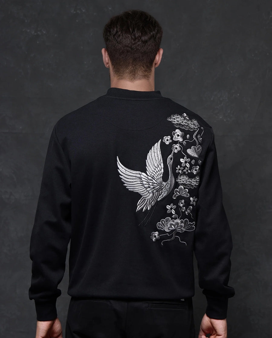 Rare Rabbit Men's Lars Black Cotton Embroidered Regular Fit Full Sleeve Crew Neck Sweatshirt
