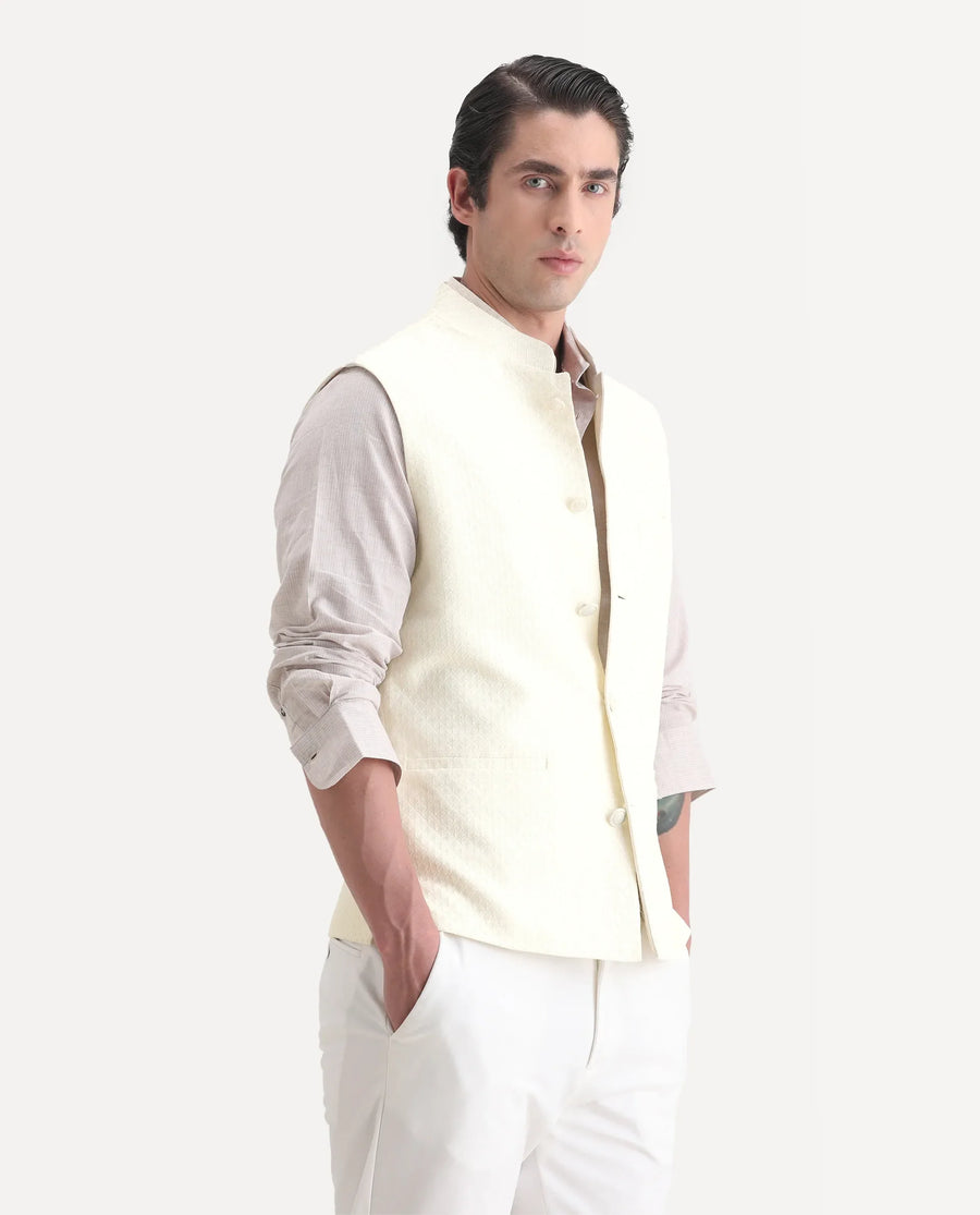 Rare Rabbit Men's Guild Festive Lasmos B1 Off White Viscose Embroidered Regular Fit Sleeveless Mandarin Collar Bandhgala Rare Rabbit Men's Lasmos-B1 Beige Viscose Embroidered Regular Fit Sleeveless Mandarin Collar Bandhgala Nehru Jacket