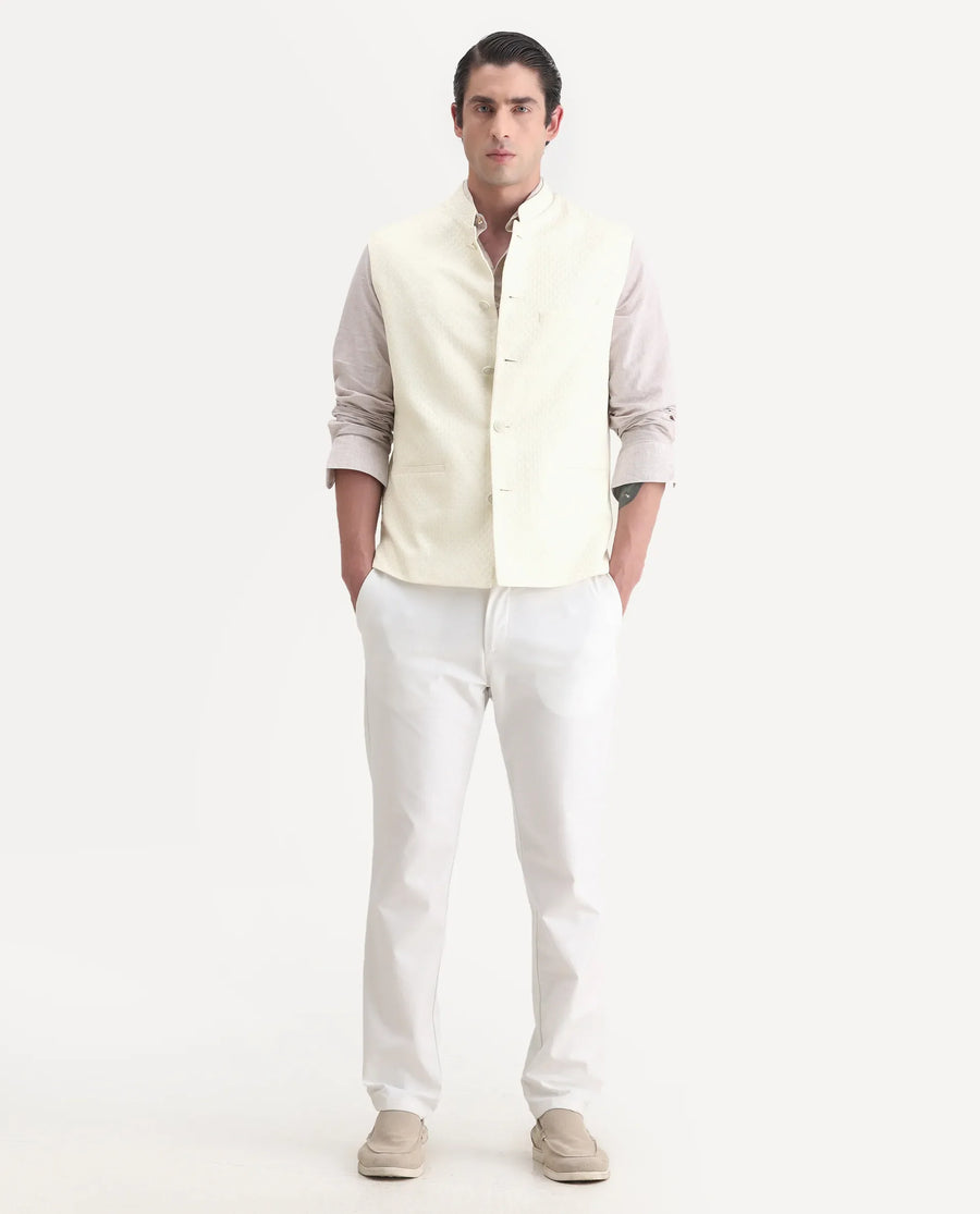 Rare Rabbit Men's Guild Festive Lasmos B1 Off White Viscose Embroidered Regular Fit Sleeveless Mandarin Collar Bandhgala Rare Rabbit Men's Lasmos-B1 Beige Viscose Embroidered Regular Fit Sleeveless Mandarin Collar Bandhgala Nehru Jacket