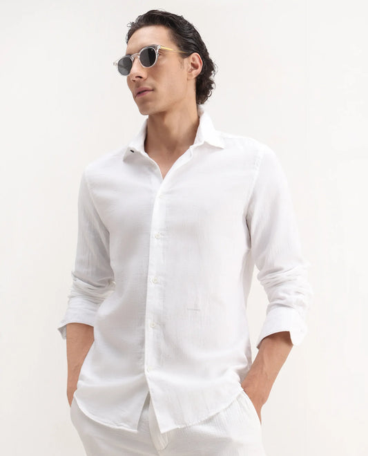 Rare Rabbit Men's Lassen Ls White Cotton Plain Relaxed Fit Full Sleeve Collared Shirt