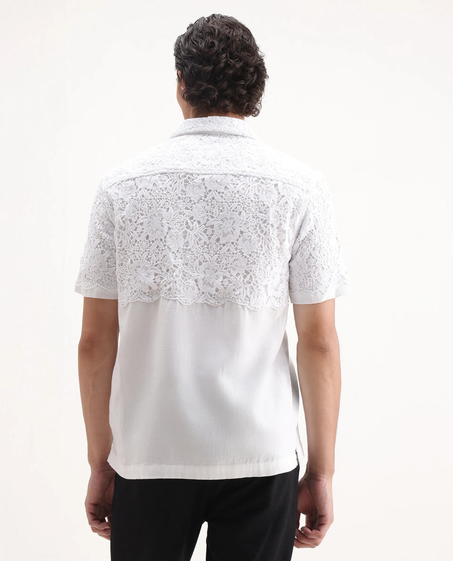 Rare Rabbit Men's Lassen White Cotton Embroidered Boxy Fit Half Sleeve Cuban Collar Shirt