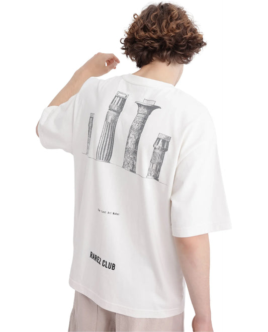 Rare Rabbit Men's Laun Off White Cotton Hd Print Oversized Fit Half Sleeve Crew Neck T-Shirt