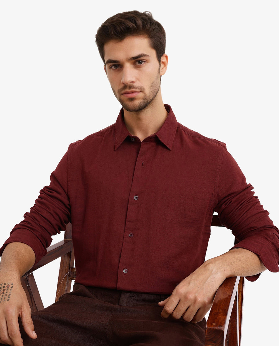 Rare Rabbit Men's Layerr-2 Rust Cotton Plain Regular Fit Full Sleeve Collared Shirt