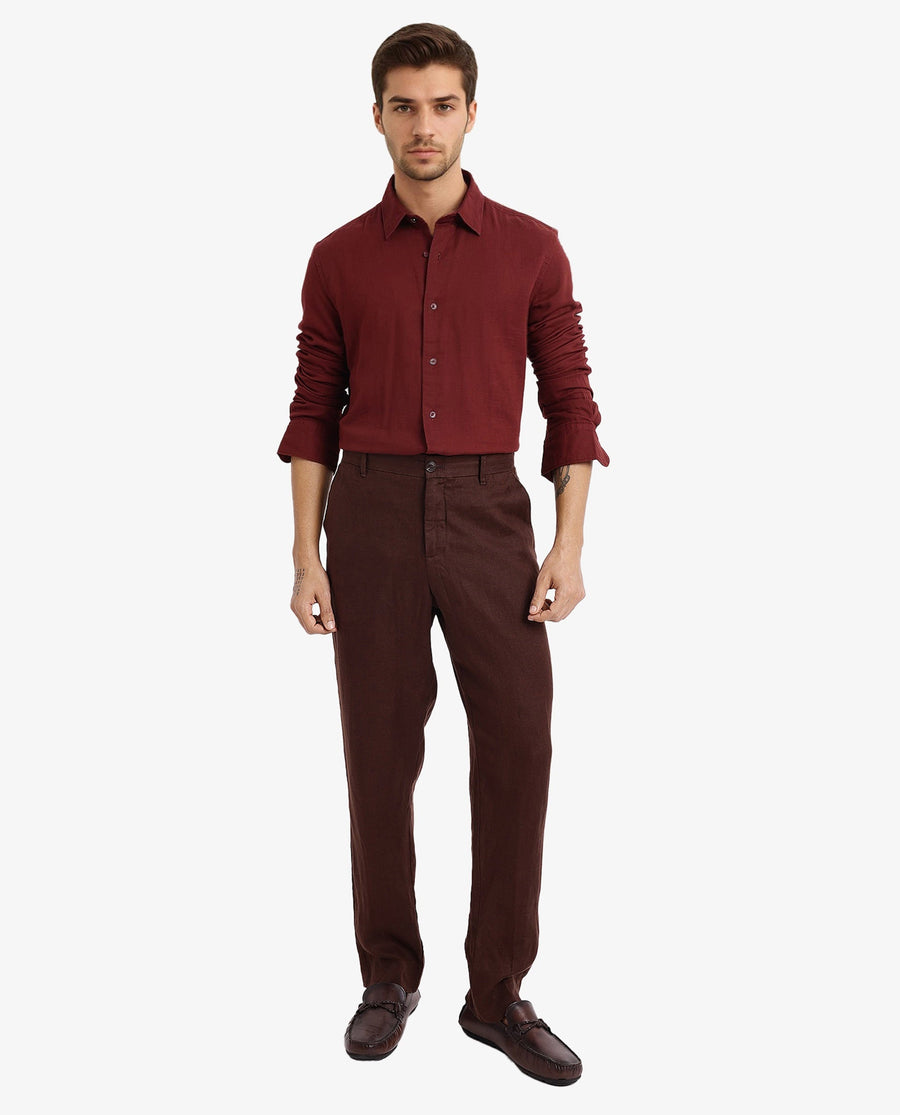 Rare Rabbit Men's Layerr-2 Rust Cotton Plain Regular Fit Full Sleeve Collared Shirt