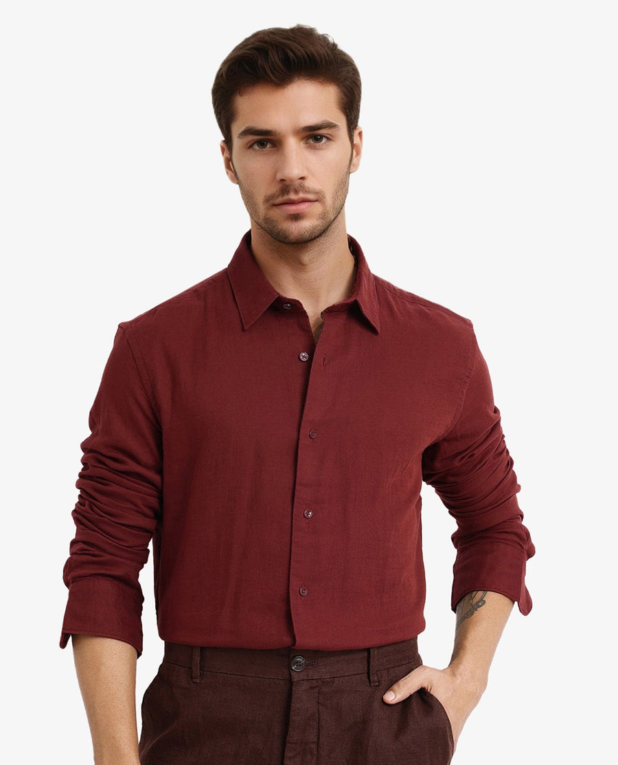 Rare Rabbit Men's Layerr-2 Rust Cotton Plain Regular Fit Full Sleeve Collared Shirt