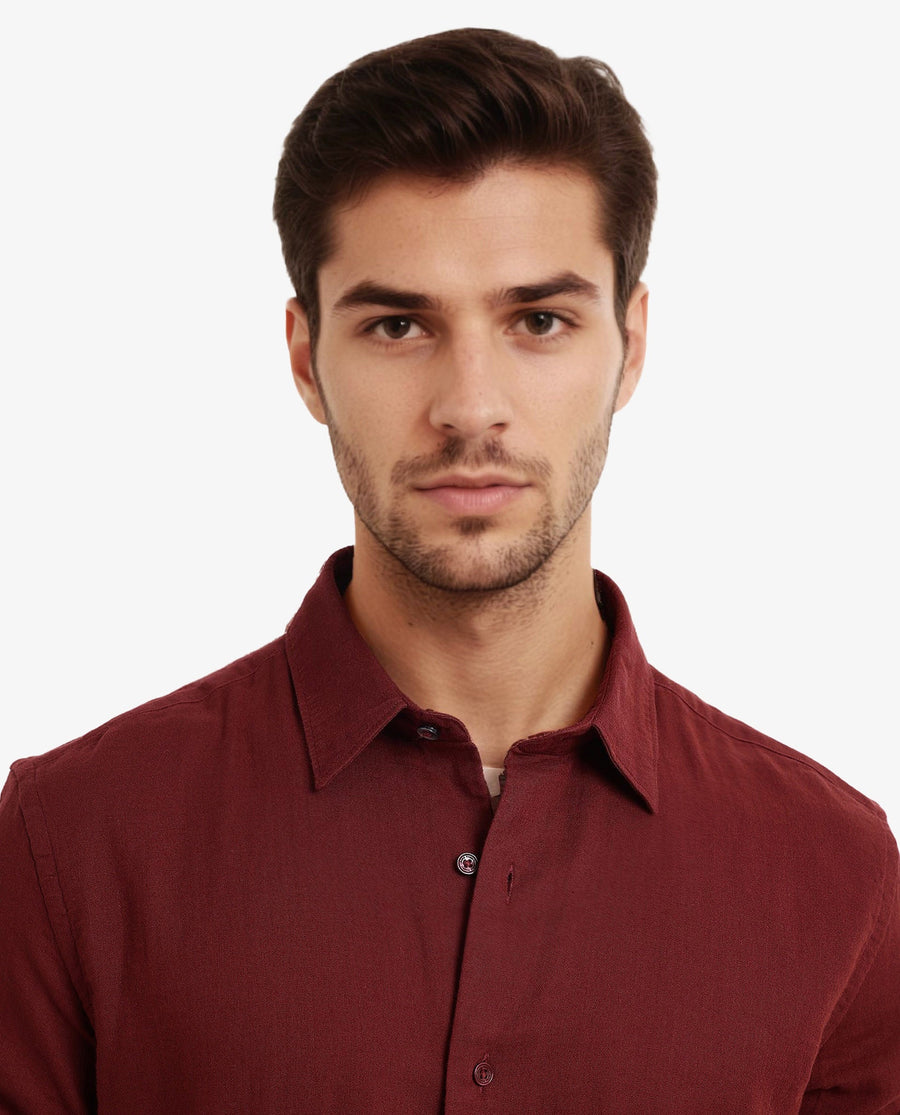Rare Rabbit Men's Layerr-2 Rust Cotton Plain Regular Fit Full Sleeve Collared Shirt