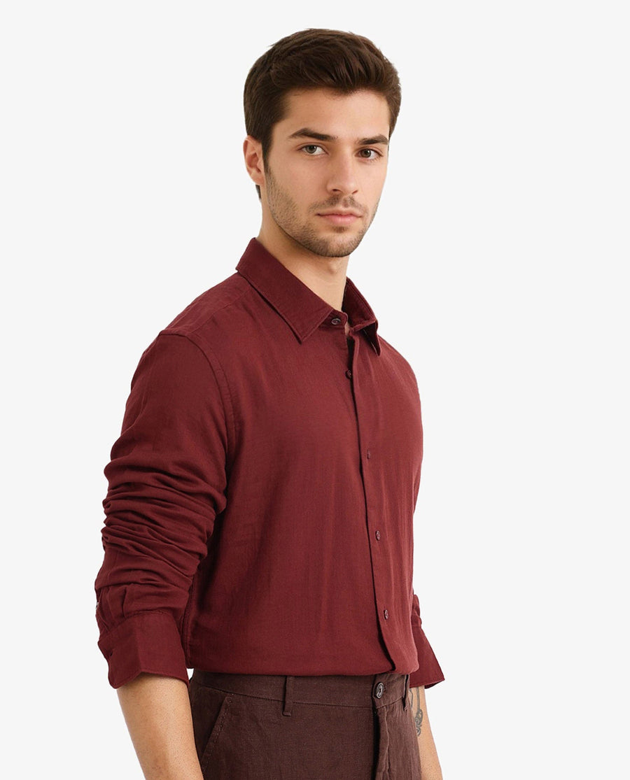 Rare Rabbit Men's Layerr-2 Rust Cotton Plain Regular Fit Full Sleeve Collared Shirt