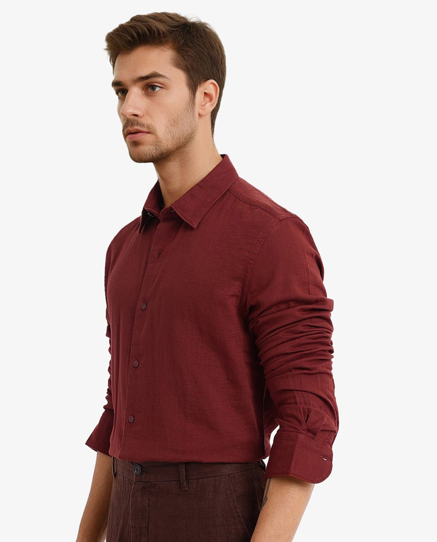 Rare Rabbit Men's Layerr-2 Rust Cotton Plain Regular Fit Full Sleeve Collared Shirt