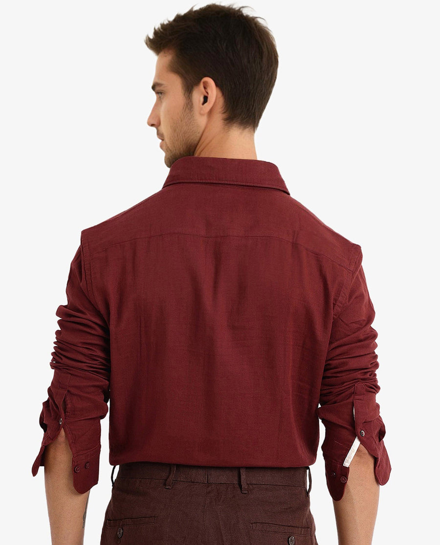 Rare Rabbit Men's Layerr-2 Rust Cotton Plain Regular Fit Full Sleeve Collared Shirt
