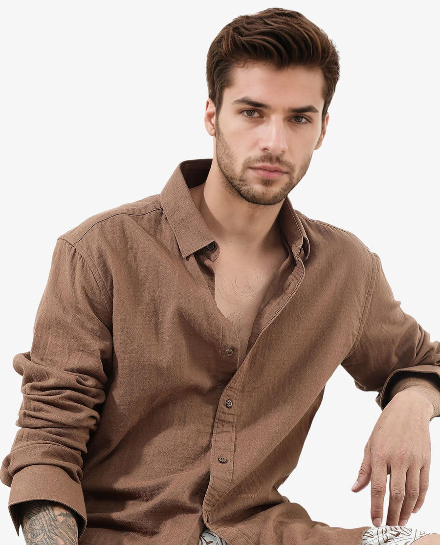Rare Rabbit Men's Layerr Brown Cotton Plain Regular Fit Full Sleeve Collared Shirt