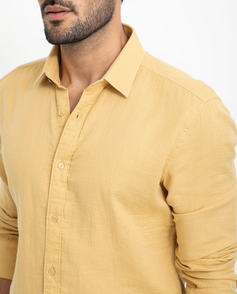 Rare Rabbit Men's Layerrs Yellow Cotton Plain Regular Fit Full Sleeve Collared Shirt
