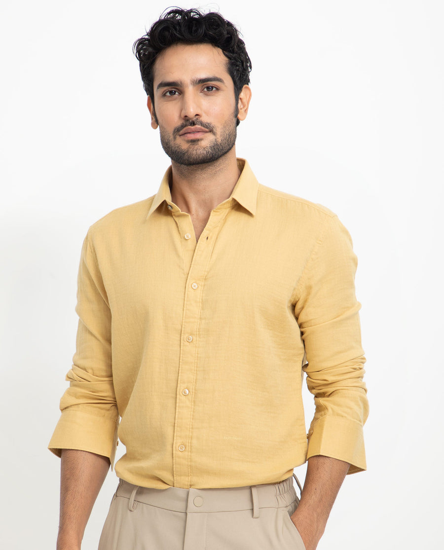 Rare Rabbit Men's Layerrs Yellow Cotton Plain Regular Fit Full Sleeve Collared Shirt