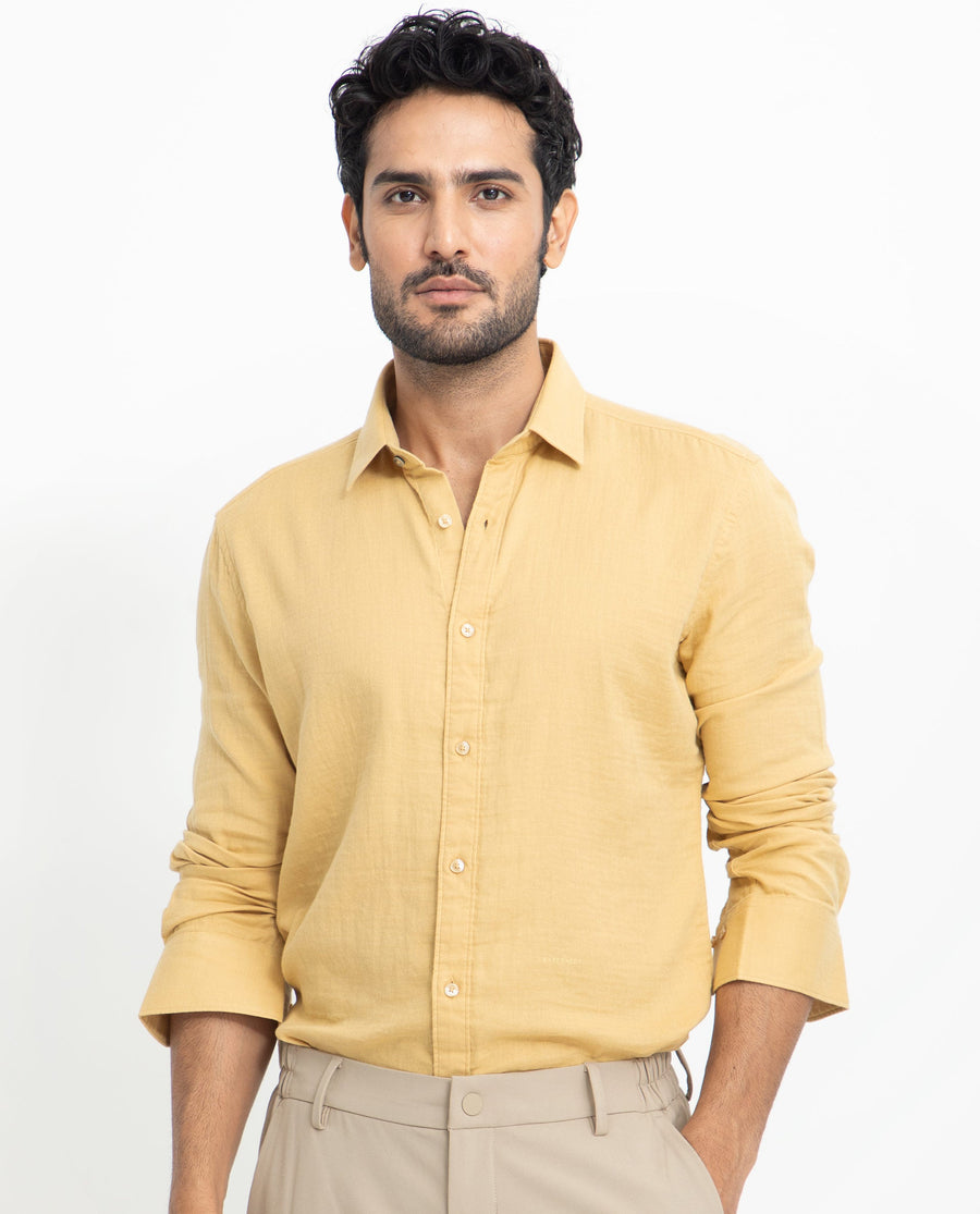 Rare Rabbit Men's Layerrs Yellow Cotton Plain Regular Fit Full Sleeve Collared Shirt