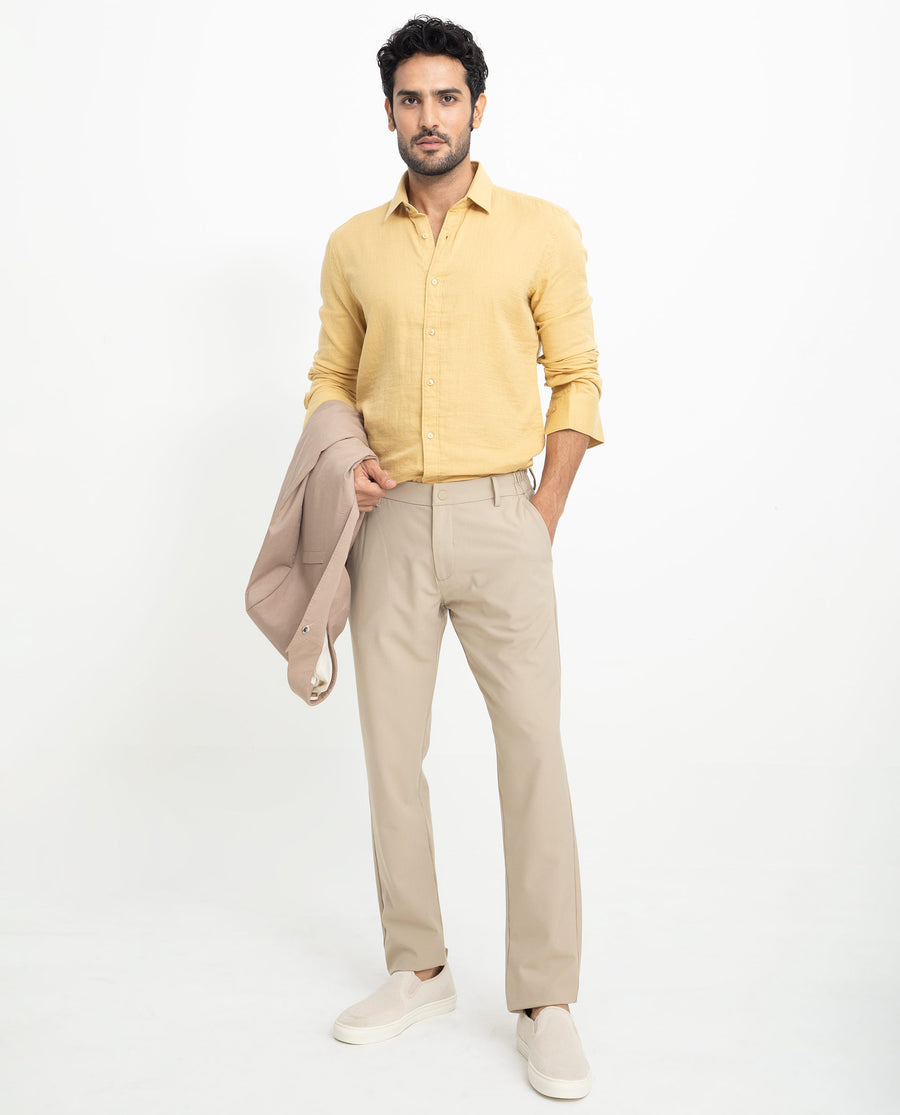 Rare Rabbit Men's Layerrs Yellow Cotton Plain Regular Fit Full Sleeve Collared Shirt