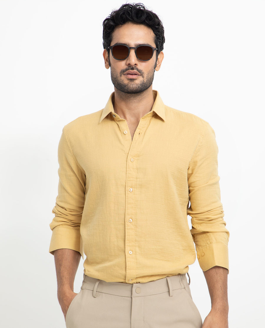 Rare Rabbit Men's Layerrs Yellow Cotton Plain Regular Fit Full Sleeve Collared Shirt