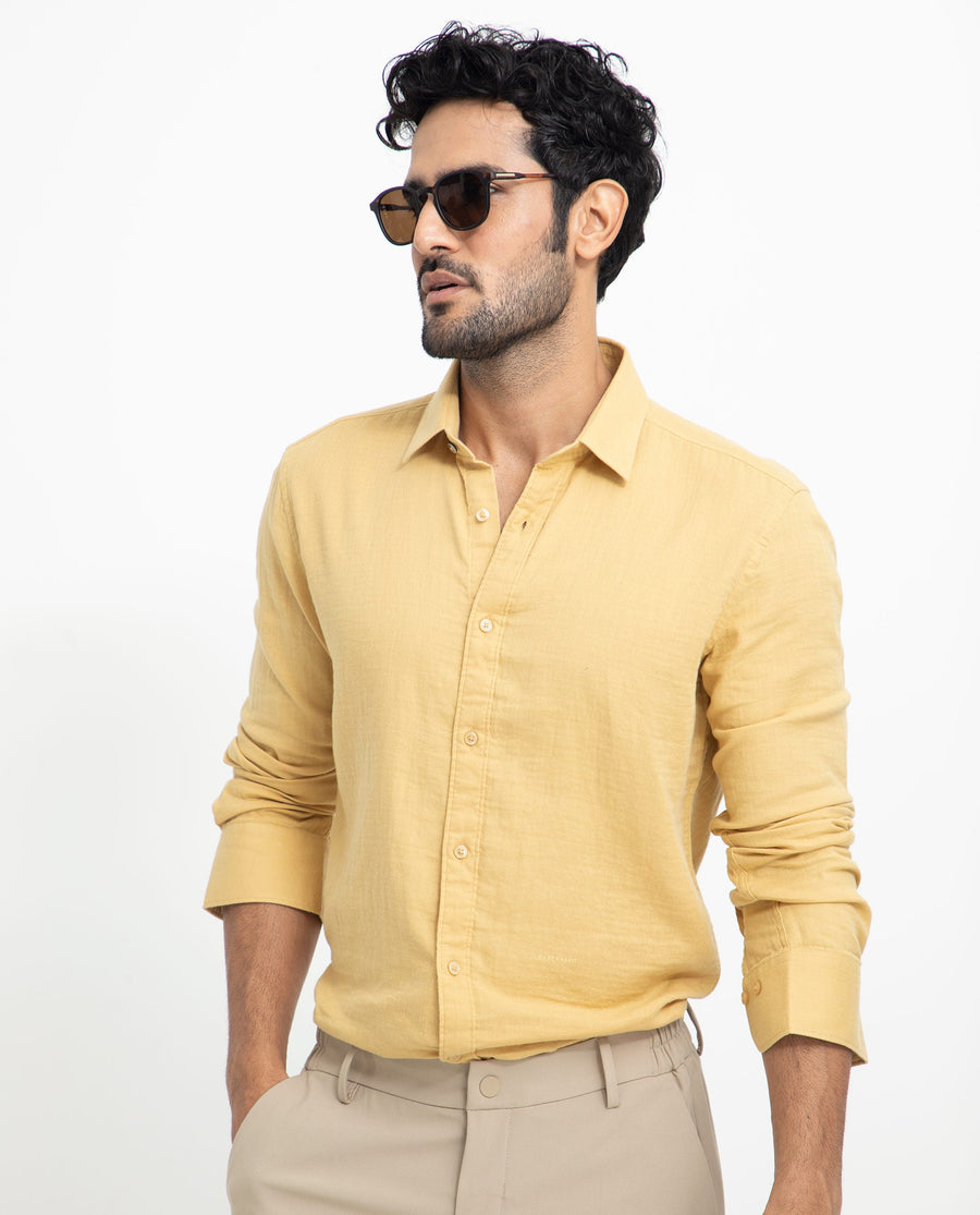 Rare Rabbit Men's Layerrs Yellow Cotton Plain Regular Fit Full Sleeve Collared Shirt