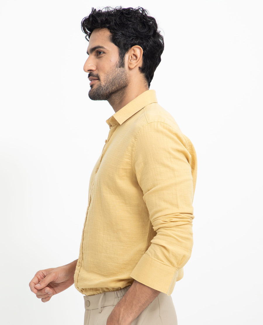 Rare Rabbit Men's Layerrs Yellow Cotton Plain Regular Fit Full Sleeve Collared Shirt