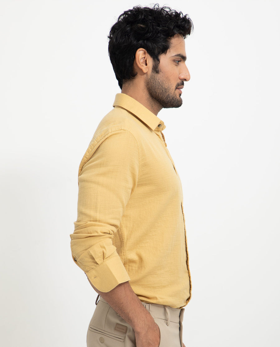 Rare Rabbit Men's Layerrs Yellow Cotton Plain Regular Fit Full Sleeve Collared Shirt