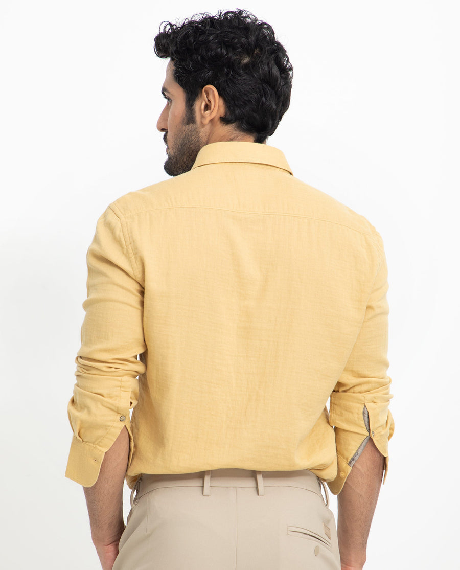Rare Rabbit Men's Layerrs Yellow Cotton Plain Regular Fit Full Sleeve Collared Shirt