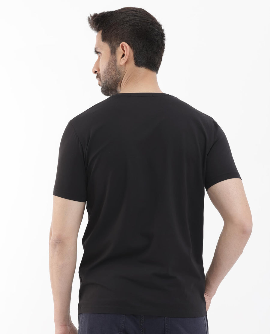 Rare Rabbit Men's Leonel Black Cotton Blend Embroidered Regular Fit Half Sleeve Crew Neck T-Shirt