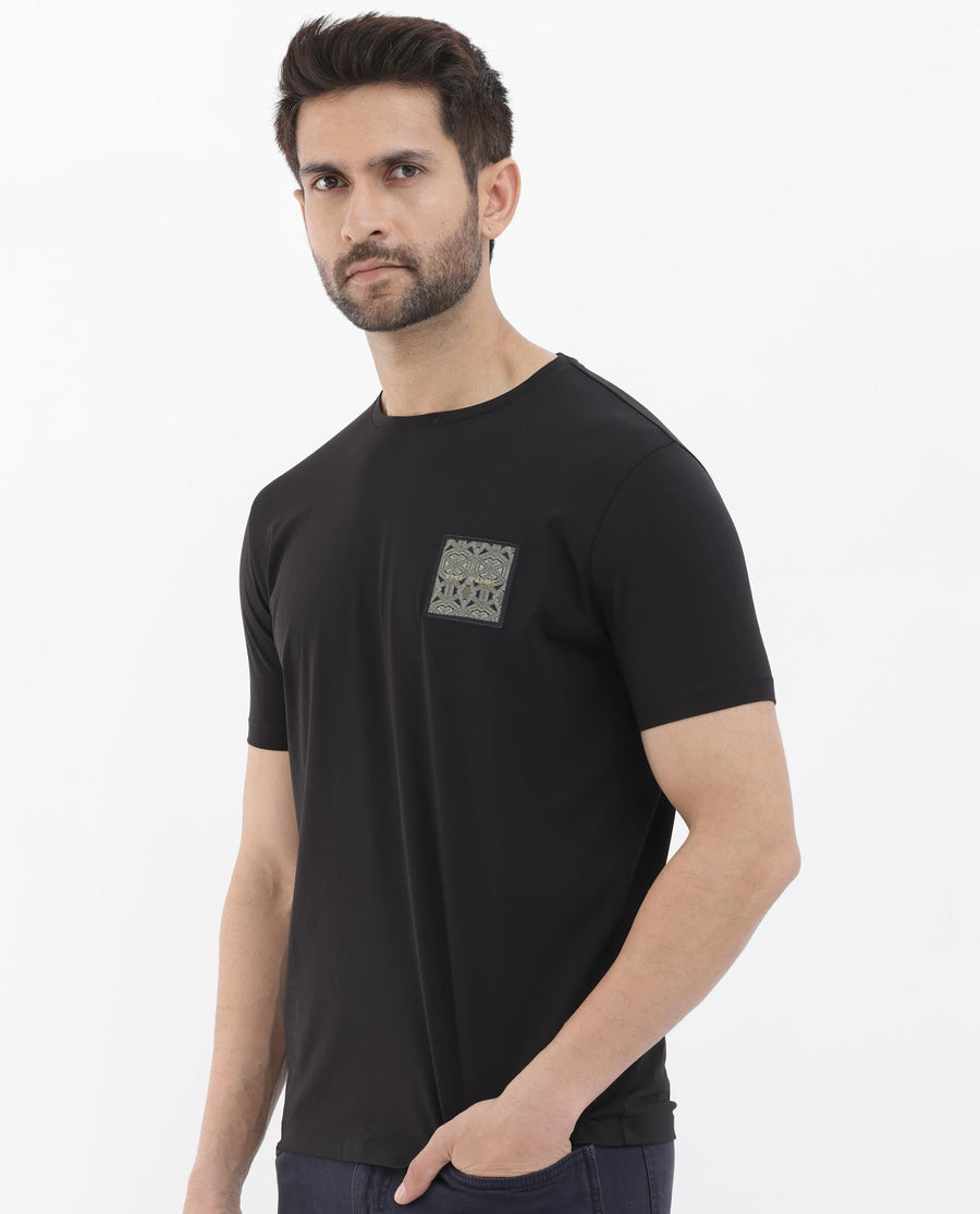 Rare Rabbit Men's Leonel Black Cotton Blend Embroidered Regular Fit Half Sleeve Crew Neck T-Shirt
