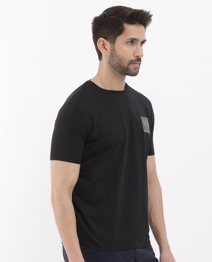 Rare Rabbit Men's Leonel Black Cotton Blend Embroidered Regular Fit Half Sleeve Crew Neck T-Shirt