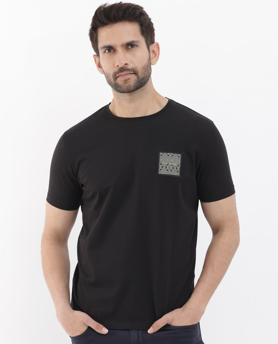 Rare Rabbit Men's Leonel Black Cotton Blend Embroidered Regular Fit Half Sleeve Crew Neck T-Shirt