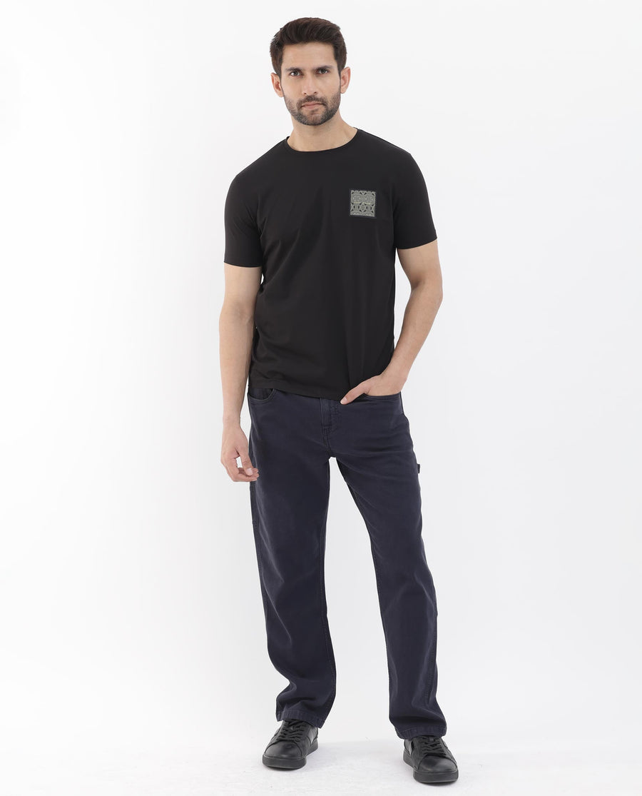 Rare Rabbit Men's Leonel Black Cotton Blend Embroidered Regular Fit Half Sleeve Crew Neck T-Shirt