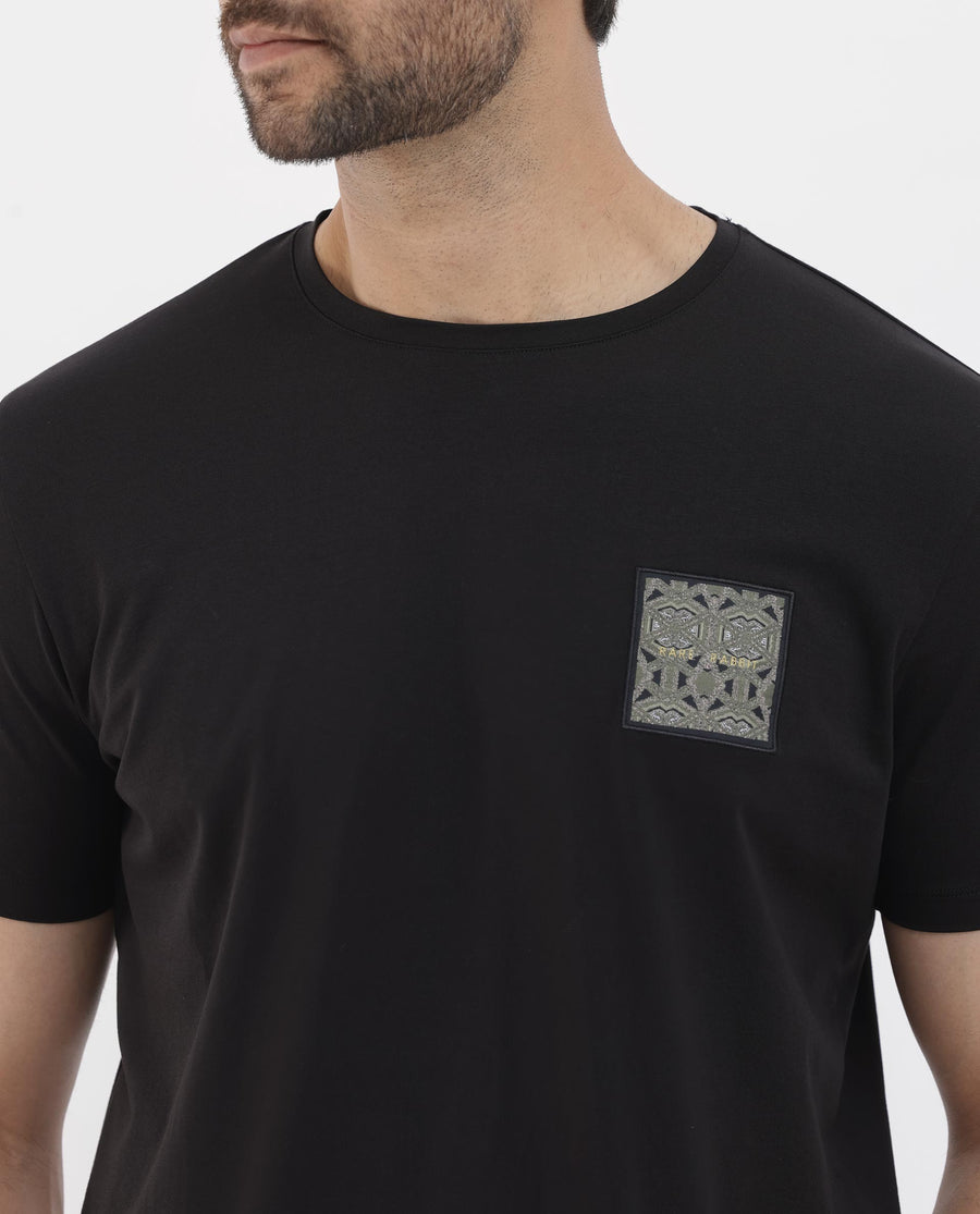 Rare Rabbit Men's Leonel Black Cotton Blend Embroidered Regular Fit Half Sleeve Crew Neck T-Shirt