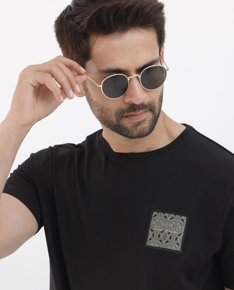 Rare Rabbit Men's Leonel Black Cotton Blend Embroidered Regular Fit Half Sleeve Crew Neck T-Shirt