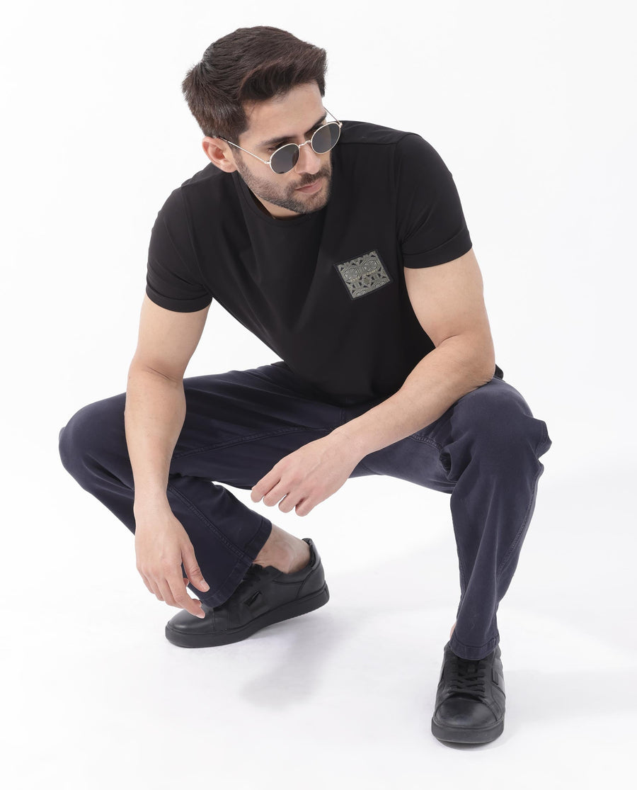 Rare Rabbit Men's Leonel Black Cotton Blend Embroidered Regular Fit Half Sleeve Crew Neck T-Shirt