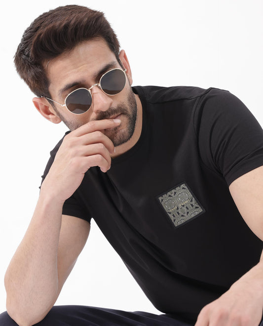 Rare Rabbit Men's Leonel Black Cotton Blend Embroidered Regular Fit Half Sleeve Crew Neck T-Shirt